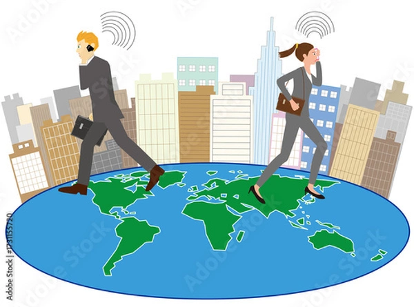 Fototapeta ビジネスマンが世界中のオフィス街でスマートフォンを使って仕事をしている。