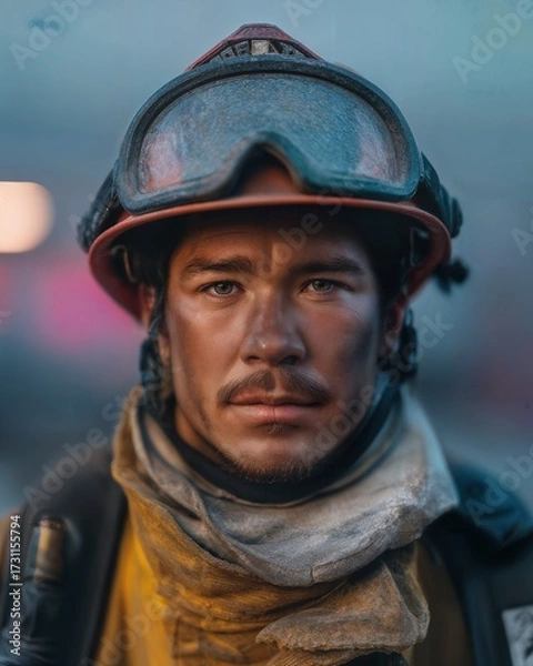 Fototapeta A determined firefighter gazing intently at the camera, wearing a helmet and protective gear. His serious expression reflects dedication