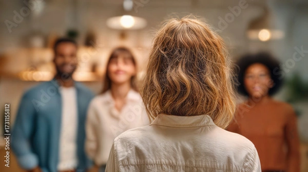 Fototapeta Back view of a person looking at a group of diverse people with smiles on their faces. This image evokes a sense of unity, connection, and shared experience