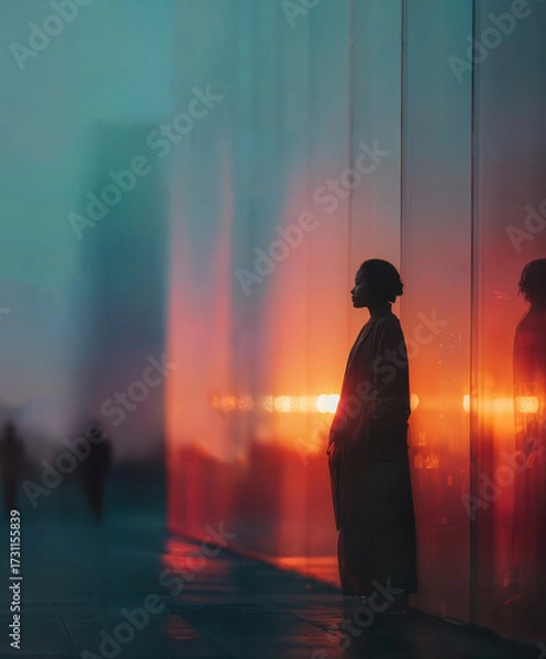 Fototapeta A contemplative figure standing before a mesmerizing display of colorful lights and architectural lines. The atmosphere suggests introspection and the beauty of simplicity. 