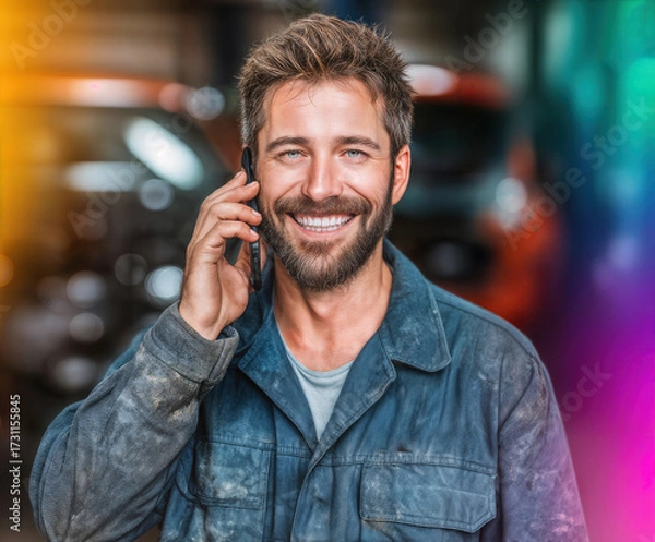 Fototapeta A mechanic confidently talks on his phone with a big smile, demonstrating professionalism in a garage setting.