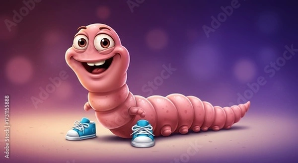 Fototapeta Cartoon worm character wearing sneakers smiling against blurred backdrop