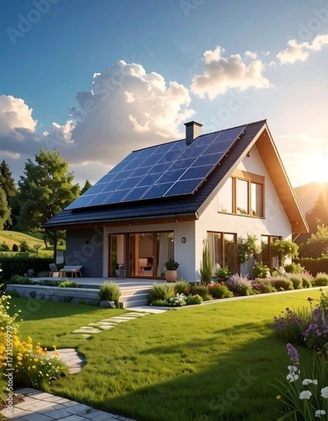 Obraz Modern house with solar panels, nestled in a landscaped garden, bathed in golden sunset light