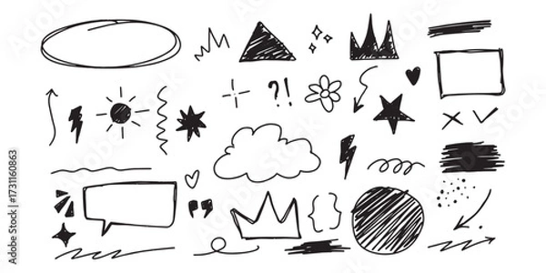 Fototapeta Collection of various hand-drawn doodle elements, including shapes, symbols, and decorative designs.