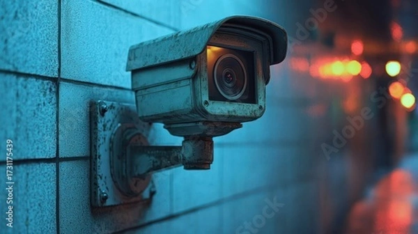 Obraz Old Security Camera in a Neon-Lit Alleyway