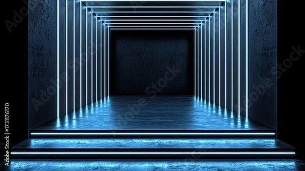 Obraz Neon Blue Light Corridor: Futuristic Abstract Stage Design