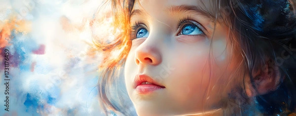 Fototapeta A close-up portrait of a young girl with striking blue eyes gazing upwards, bathed in a soft, ethereal light with hints of watercolor artistry
