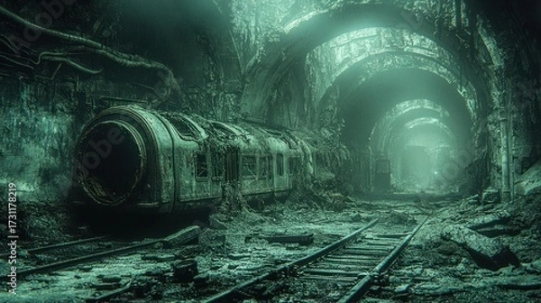 Obraz The Forgotten Train: A Post-Apocalyptic Railway Tunnel