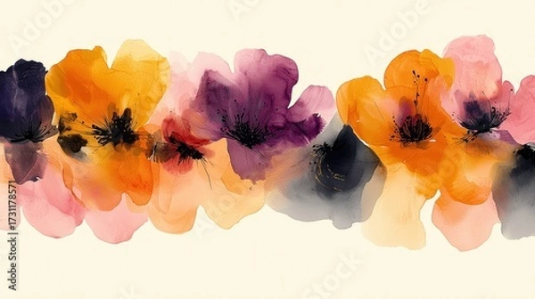Obraz Watercolor Floral Border: A vibrant arrangement of abstract flowers in warm and cool hues.