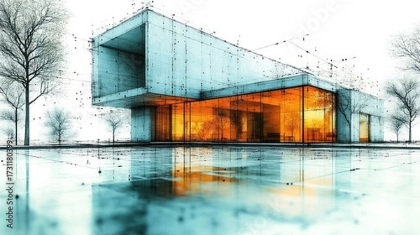Obraz Modern Architectural Design: Concrete House with Orange Interior and Reflective Surface