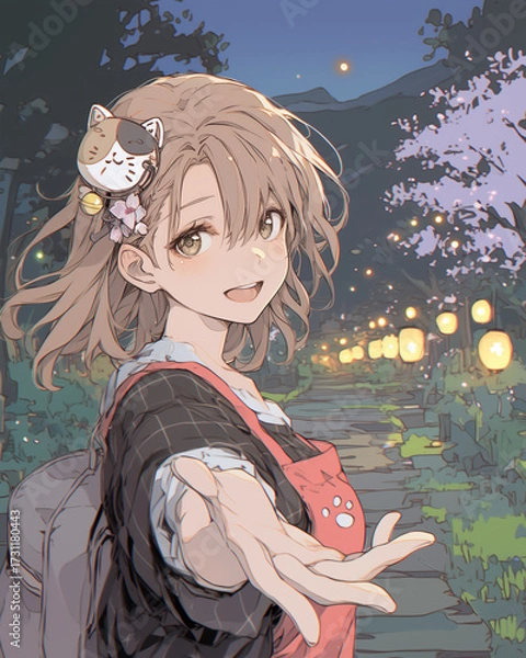 Fototapeta 桜と提灯に囲まれた夜祭りで手を差し伸べる笑顔のアニメ美少女