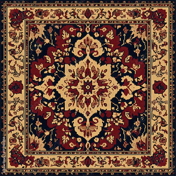 Fototapeta Tile or carpet pattern background with decorative, symmetrical elements. Ideal for wallpaper, textiles, or digital design projects.