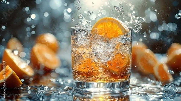 Obraz A cool glass of sparkling soda with a fresh orange slice and ice, creating an energetic splash against a shimmering bokeh background