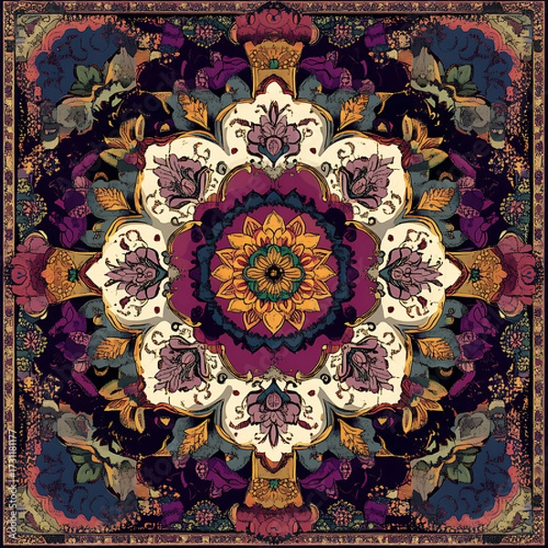 Fototapeta Tile or carpet pattern background with decorative, symmetrical elements. Ideal for wallpaper, textiles, or digital design projects.