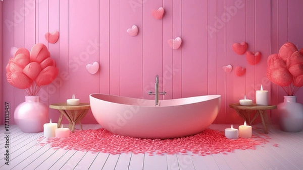 Fototapeta An elegant spa interior with wooden walls, aromatic candles, and stone bathtubs filled with flower petals, dim warm lighting, clean minimalistic design, inviting and luxurious mood, wide panoramic sho