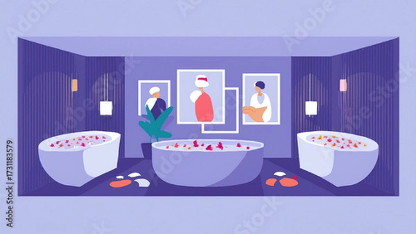 Fototapeta An elegant spa interior with wooden walls, aromatic candles, and stone bathtubs filled with flower petals, dim warm lighting, clean minimalistic design, inviting and luxurious mood, wide panoramic sho