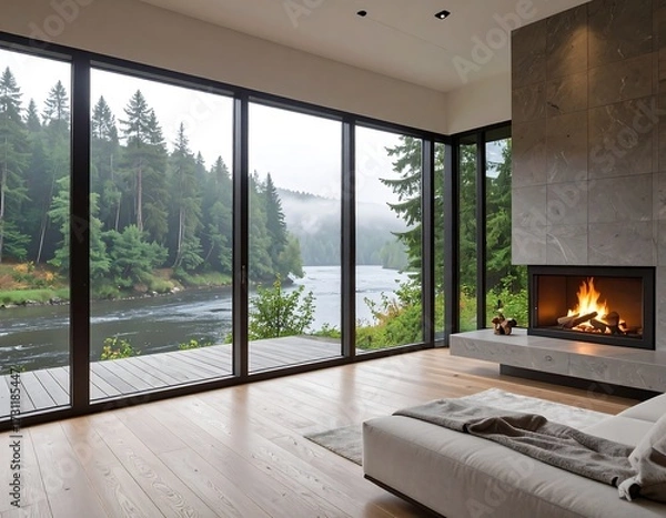 Fototapeta Modern living room with expansive windows overlooking a river and forest