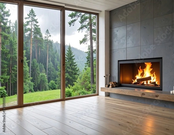 Obraz Modern living room with large window showcasing a forest view and a burning fireplace