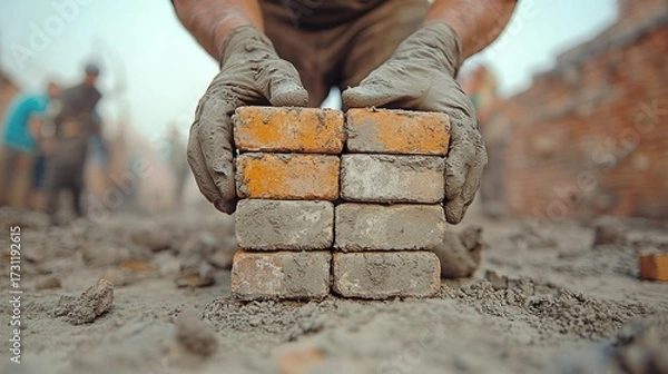Obraz A laborer's hands, covered in dirt and clay, carefully stack freshly molded raw bricks at a brickyard, symbolizing manual work and construction