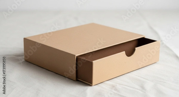 Fototapeta Minimalist Brown Cardboard Slide Box Packaging for Product Presentation and Storage on White Fabric