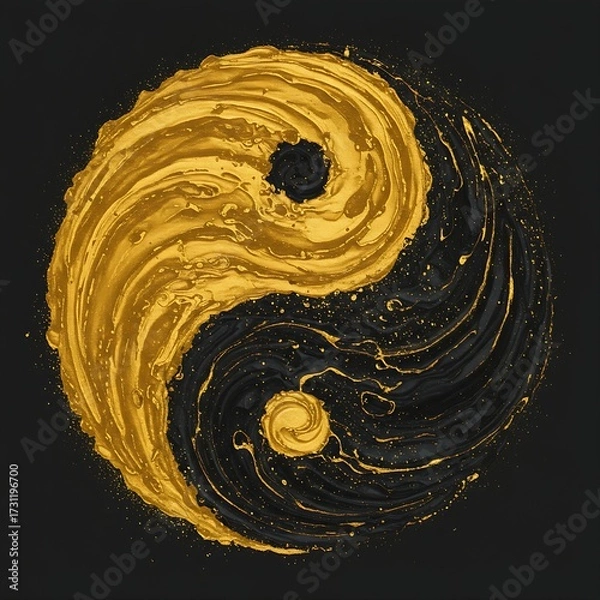 Fototapeta  A Yin Yang where the two halves are created from intricate, swirling clouds of gold particles (metal element) and deep, swirling ink patterns (water element)