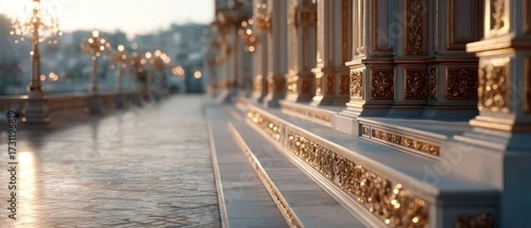 Fototapeta Close Up of Ornate Golden Temple Exterior in Thailand with Warm Lighting and Detailed Architectural Elements