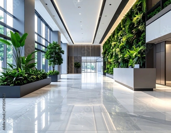 Fototapeta Modern lobby with polished floors, abundant greenery, and sleek design