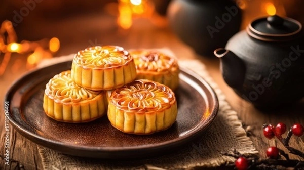 Fototapeta Traditional mooncake with lotus seed filling on elegant plate, soft warm lighting, festive table background.
