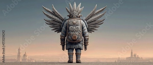 Fototapeta Ornate winged warrior statue facing a distant city skyline in a desert landscape, rendered as stylized digital art.