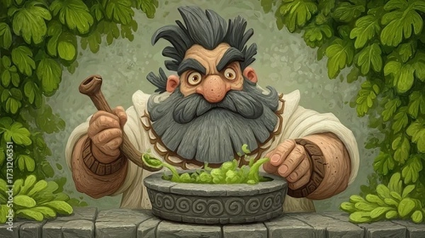 Fototapeta Whimsical etched illustration of a bearded chef mixing fresh green salad in a bowl surrounded by lush leaves.