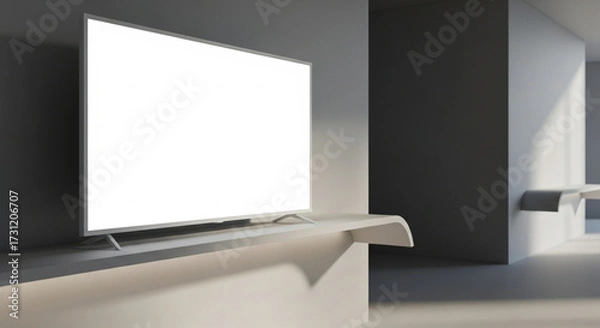 Fototapeta Clean white blank TV screen mockup on modern minimal beige stand in empty room interior with bright sunlight