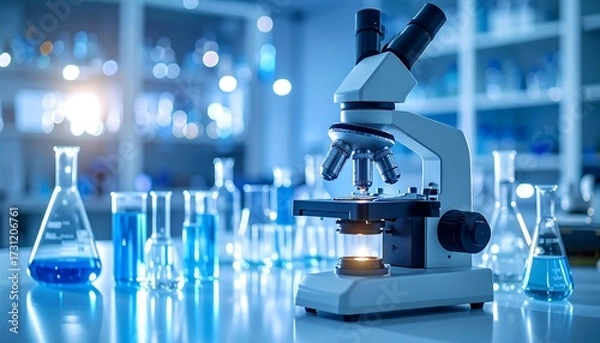 Obraz Laboratory microscope and beakers (1)