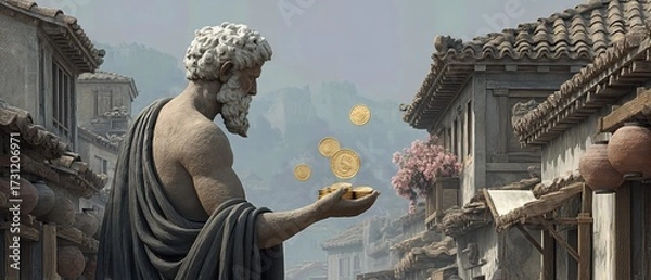 Fototapeta Classical statue in an ancient street conjures floating coins, blending mythology and commerce in a detailed, engraved-style city scene.