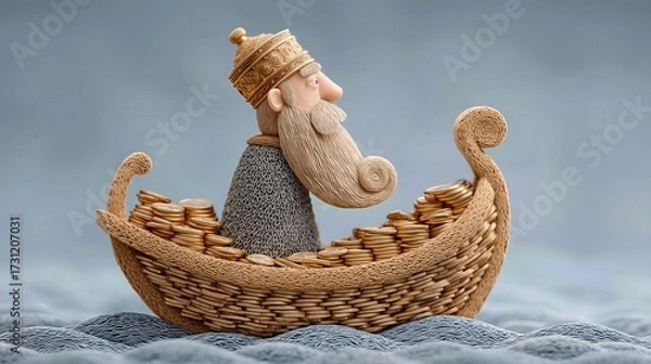 Fototapeta Whimsical illustration of a bearded king in a coinlike boat riding stylized waves under a muted sky.