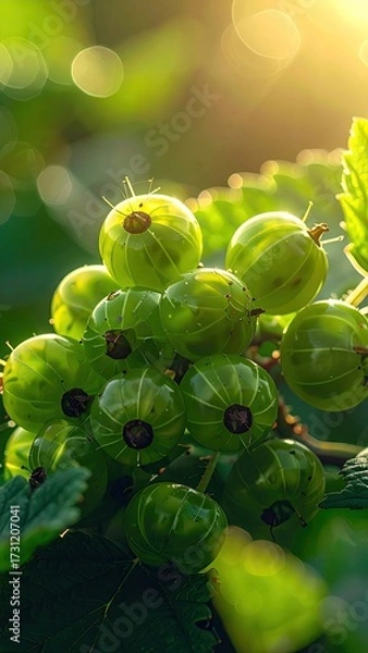 Fototapeta Close Up of Green Gooseberries on a Vine Under Sunlight with Bokeh Background Highlighting Natural Beauty and Freshness