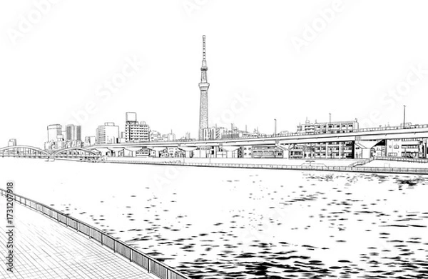 Obraz 漫画風ペン画イラスト　河川敷