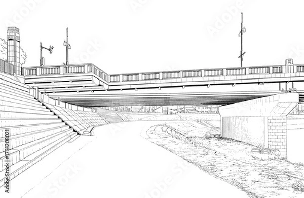 Obraz 漫画風ペン画イラスト　河川敷