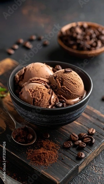 Obraz Dark chocolate ice cream and chocolate chip cookies with a coffee pairing is a delicious sweet dessert closeup