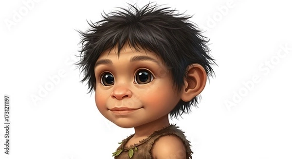 Obraz Cartoon Boy Smiling with Primitive Clothing and Dark Hair