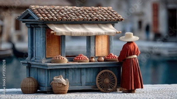 Fototapeta Vintage street vendor at a rustic wooden market stall by a canal, with baskets of apples and an awning, evoking old-world travel charm.