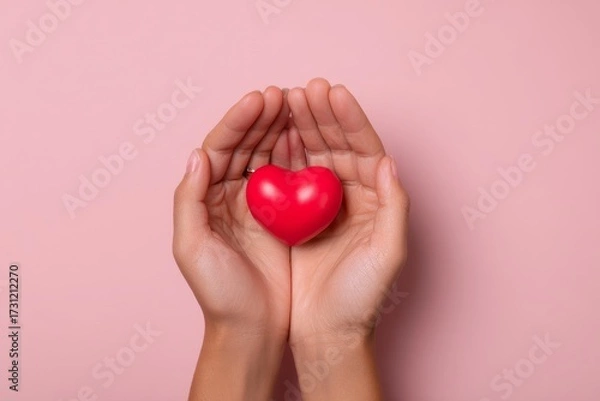 Fototapeta A delicate red heart held gently within outstretched hands against a soft pink backdrop evokes a sense of care and compassion.