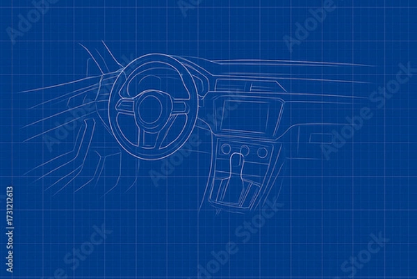 Fototapeta Blueprint sketch of a car's interior dashboard and steering wheel, highlighting automotive design and engineering concepts