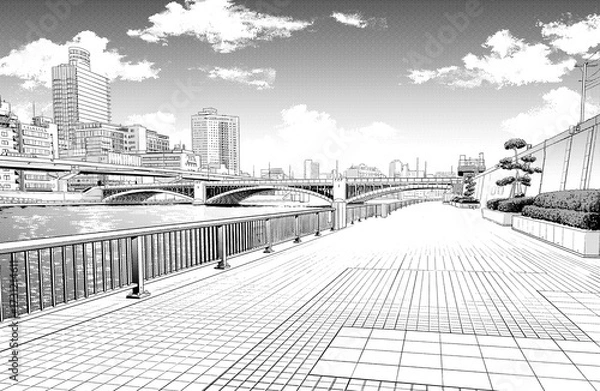 Obraz 漫画風ペン画イラスト　河川敷