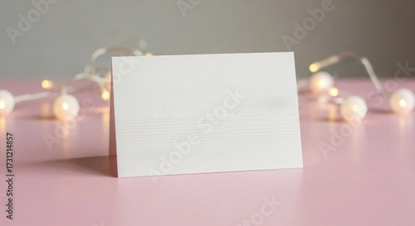 Fototapeta Minimalist Blank White Greeting Card with Subtle Embossed Detail and Soft String Lights