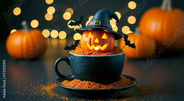 Fototapeta Charming Halloween Jack-o'-Lantern Pumpkin in a Witch Hat Teacup, Surrounded by Warm Festive Bokeh Lights, Capturing the Spooky Season
