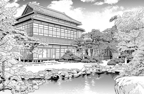 Obraz 漫画風ペン画イラスト　和風（外観）