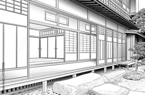Obraz 漫画風ペン画イラスト　和風（外観）