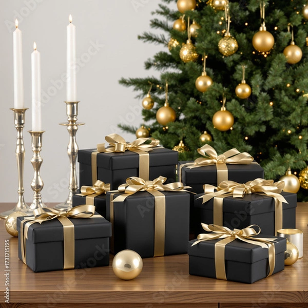 Fototapeta A modern Christmas setup with matte black wrapped gifts tied with gold ribbons