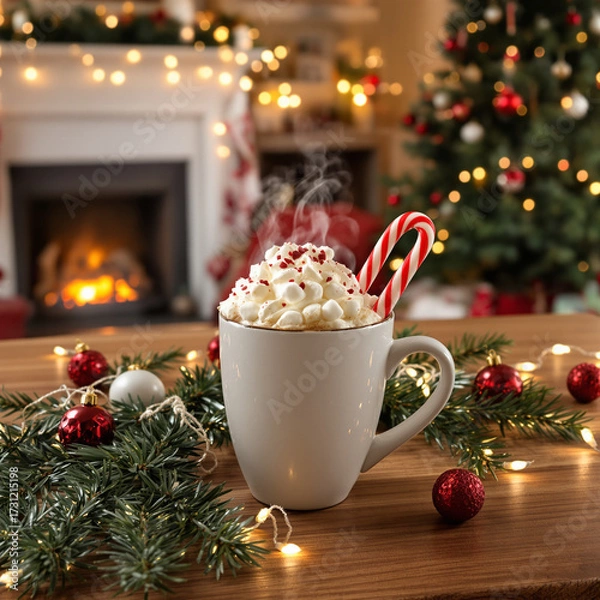 Fototapeta A steaming cup of hot chocolate topped with whipped cream, marshmallows, and a candy cane