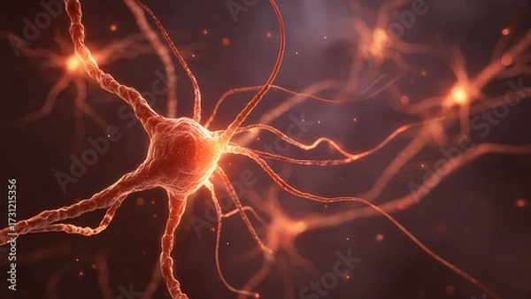 Fototapeta 3D medical illustration of active human brain neurons and synapses glowing with electrical impulses. Perfect for neuroscience, biology, artificial intelligence, medical research, and educational conce